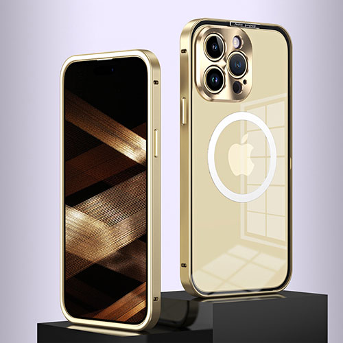 Luxury Metal Frame and Plastic Back Cover Case with Mag-Safe Magnetic QC5 for Apple iPhone 13 Pro Max Gold