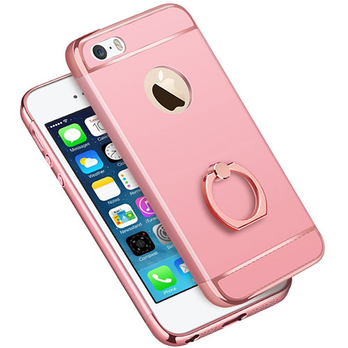 Luxury Metal Frame and Plastic Back Cover with Finger Ring Stand A01 for Apple iPhone SE Pink