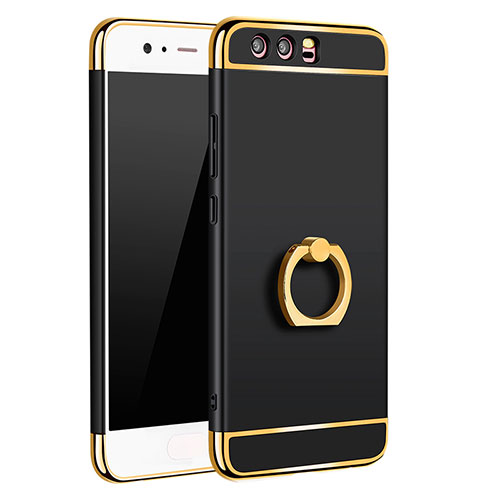 Luxury Metal Frame and Plastic Back Cover with Finger Ring Stand A01 for Huawei P10 Plus Black
