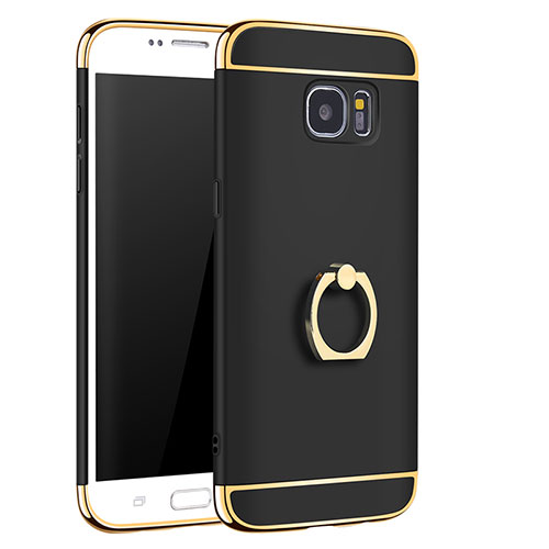 Luxury Metal Frame and Plastic Back Cover with Finger Ring Stand A01 for Samsung Galaxy S7 Edge G935F Black
