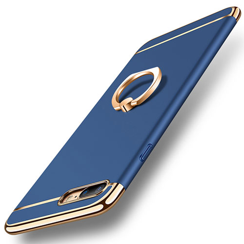 Luxury Metal Frame and Plastic Back Cover with Finger Ring Stand A06 for Apple iPhone 8 Plus Blue