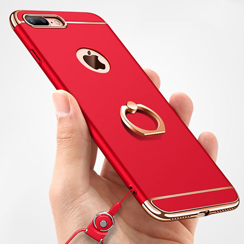 Luxury Metal Frame and Plastic Back Cover with Finger Ring Stand and Lanyard A01 for Apple iPhone 7 Plus Red