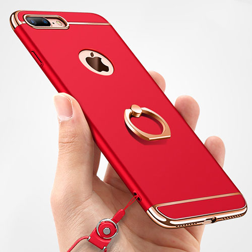 Luxury Metal Frame and Plastic Back Cover with Finger Ring Stand and Lanyard A01 for Apple iPhone 8 Plus Red