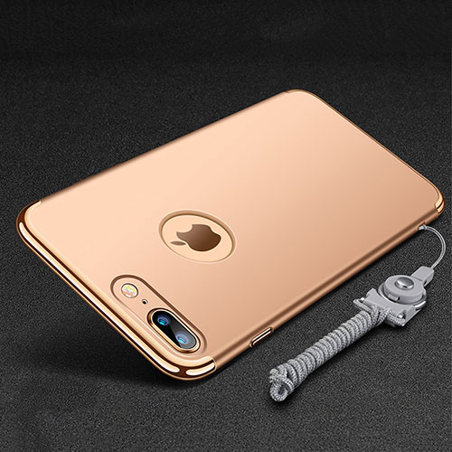 Luxury Metal Frame and Plastic Back Cover with Finger Ring Stand and Lanyard for Apple iPhone 8 Plus Gold