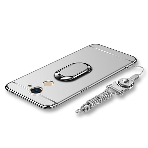 Luxury Metal Frame and Plastic Back Cover with Finger Ring Stand and Lanyard for Huawei Enjoy 7 Plus Silver