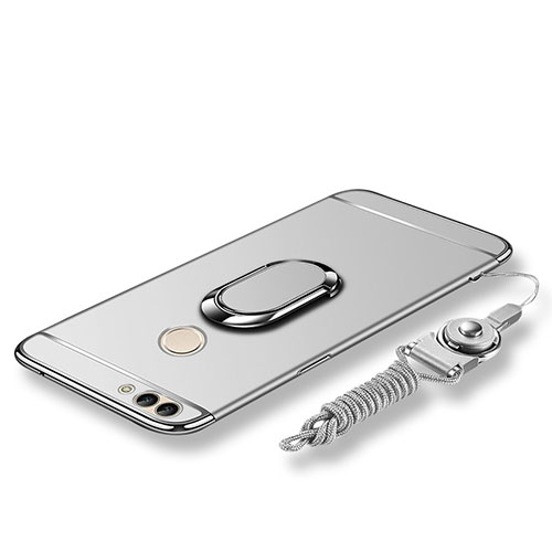 Luxury Metal Frame and Plastic Back Cover with Finger Ring Stand and Lanyard for Huawei Enjoy 7S Silver
