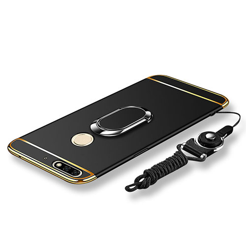 Luxury Metal Frame and Plastic Back Cover with Finger Ring Stand and Lanyard for Huawei Enjoy 8 Black