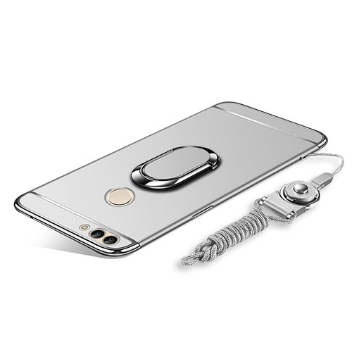 Luxury Metal Frame and Plastic Back Cover with Finger Ring Stand and Lanyard for Huawei Enjoy 8 Plus Silver