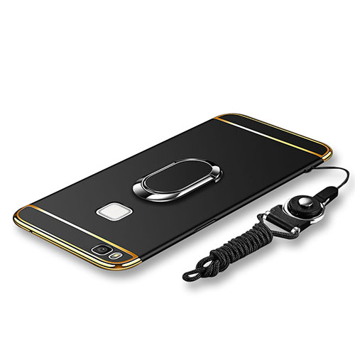 Luxury Metal Frame and Plastic Back Cover with Finger Ring Stand and Lanyard for Huawei G9 Lite Black