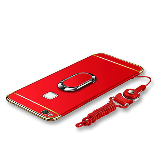 Luxury Metal Frame and Plastic Back Cover with Finger Ring Stand and Lanyard for Huawei G9 Lite Red