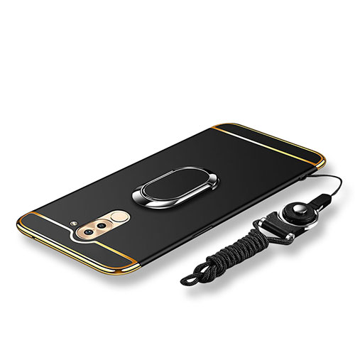 Luxury Metal Frame and Plastic Back Cover with Finger Ring Stand and Lanyard for Huawei GR5 (2017) Black