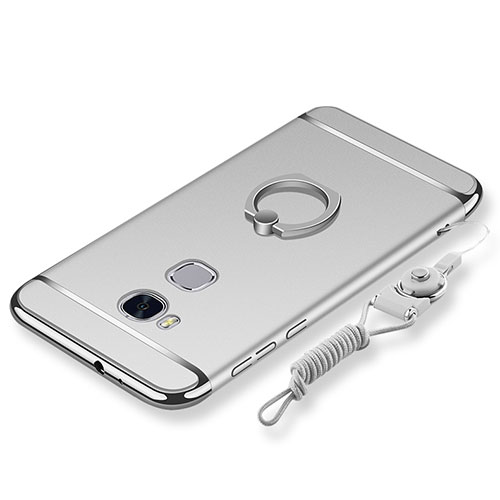 Luxury Metal Frame and Plastic Back Cover with Finger Ring Stand and Lanyard for Huawei Honor 5X Silver
