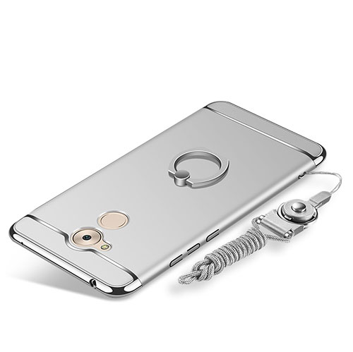 Luxury Metal Frame and Plastic Back Cover with Finger Ring Stand and Lanyard for Huawei Honor 6C Silver