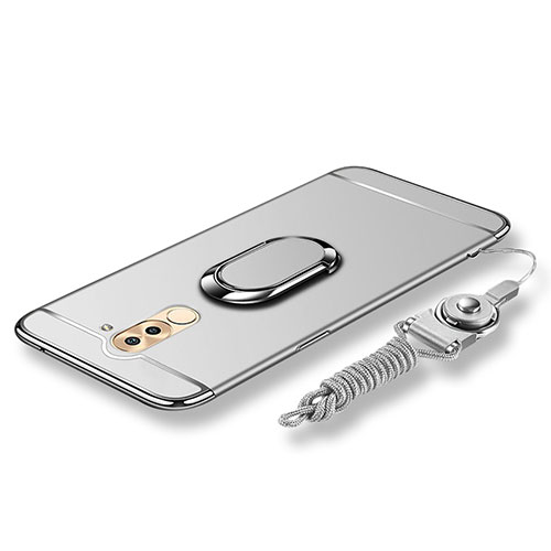 Luxury Metal Frame and Plastic Back Cover with Finger Ring Stand and Lanyard for Huawei Honor 6X Pro Silver