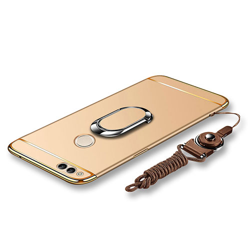 Luxury Metal Frame and Plastic Back Cover with Finger Ring Stand and Lanyard for Huawei Honor 7X Gold