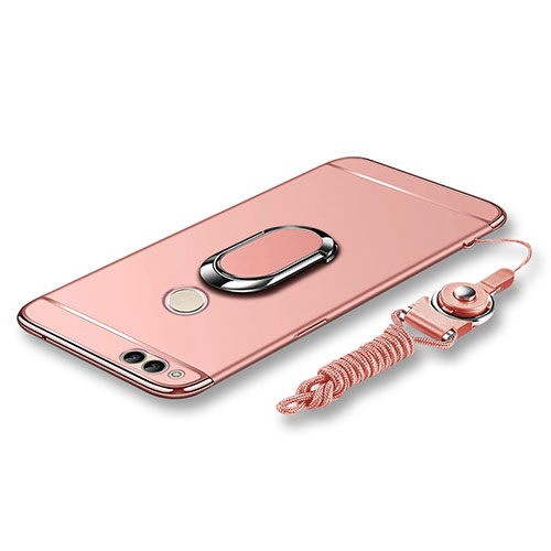 Luxury Metal Frame and Plastic Back Cover with Finger Ring Stand and Lanyard for Huawei Honor 7X Rose Gold