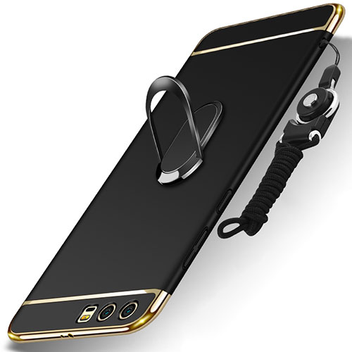 Luxury Metal Frame and Plastic Back Cover with Finger Ring Stand and Lanyard for Huawei Honor 9 Black