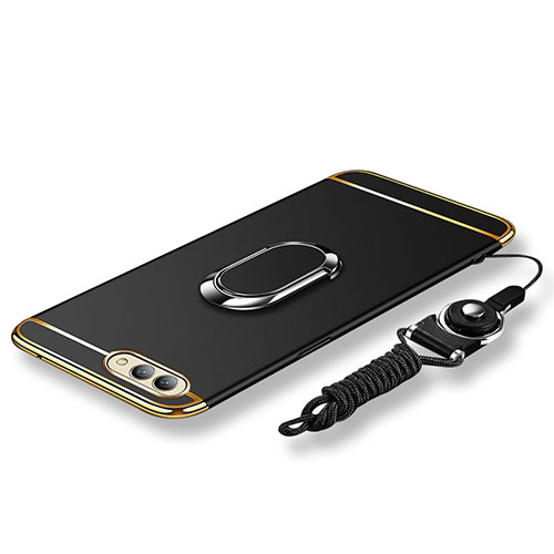 Luxury Metal Frame and Plastic Back Cover with Finger Ring Stand and Lanyard for Huawei Honor View 10 Black