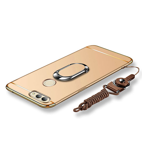 Luxury Metal Frame and Plastic Back Cover with Finger Ring Stand and Lanyard for Huawei Nova 2 Plus Gold