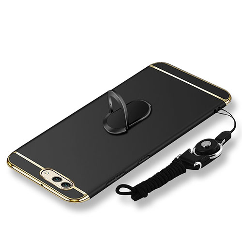 Luxury Metal Frame and Plastic Back Cover with Finger Ring Stand and Lanyard for Huawei Nova 2S Black