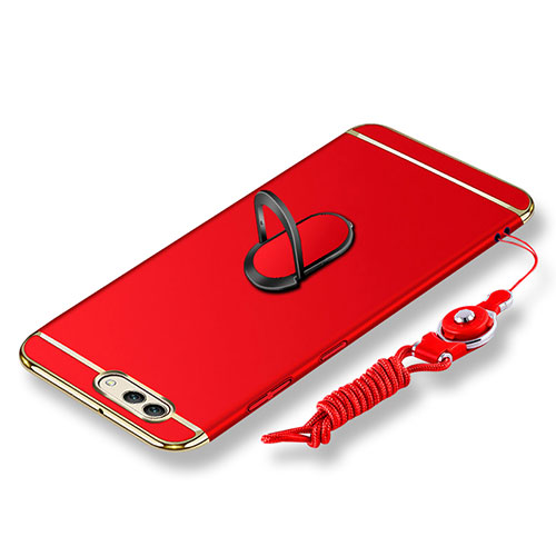 Luxury Metal Frame and Plastic Back Cover with Finger Ring Stand and Lanyard for Huawei Nova 2S Red