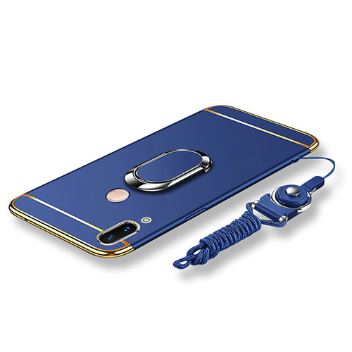 Luxury Metal Frame and Plastic Back Cover with Finger Ring Stand and Lanyard for Huawei Nova 3e Blue