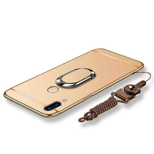 Luxury Metal Frame and Plastic Back Cover with Finger Ring Stand and Lanyard for Huawei Nova 3e Gold
