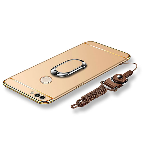 Luxury Metal Frame and Plastic Back Cover with Finger Ring Stand and Lanyard for Huawei P Smart Gold