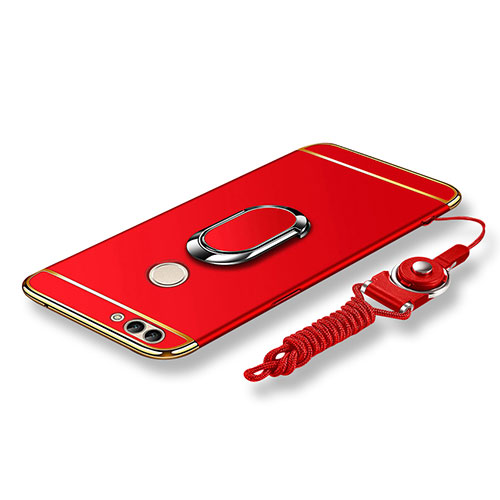 Luxury Metal Frame and Plastic Back Cover with Finger Ring Stand and Lanyard for Huawei P Smart Red