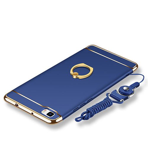 Luxury Metal Frame and Plastic Back Cover with Finger Ring Stand and Lanyard for Huawei P8 Lite Blue