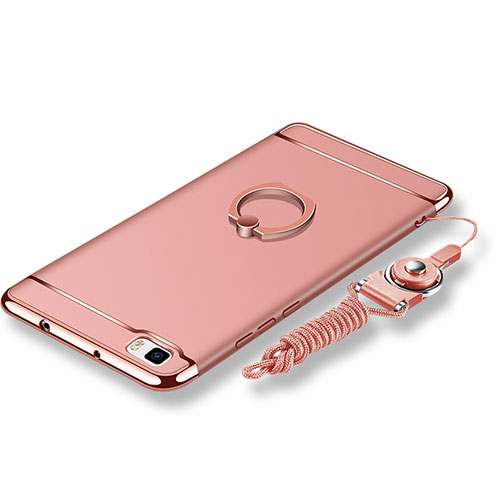 Luxury Metal Frame and Plastic Back Cover with Finger Ring Stand and Lanyard for Huawei P8 Lite Rose Gold