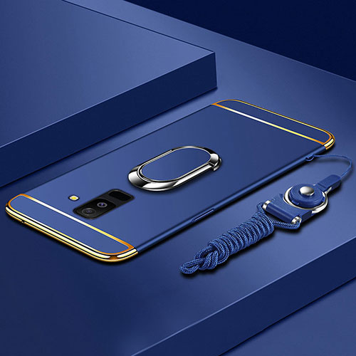 Luxury Metal Frame and Plastic Back Cover with Finger Ring Stand and Lanyard for Samsung Galaxy A6 Plus Blue