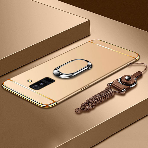 Luxury Metal Frame and Plastic Back Cover with Finger Ring Stand and Lanyard for Samsung Galaxy A9 Star Lite Gold