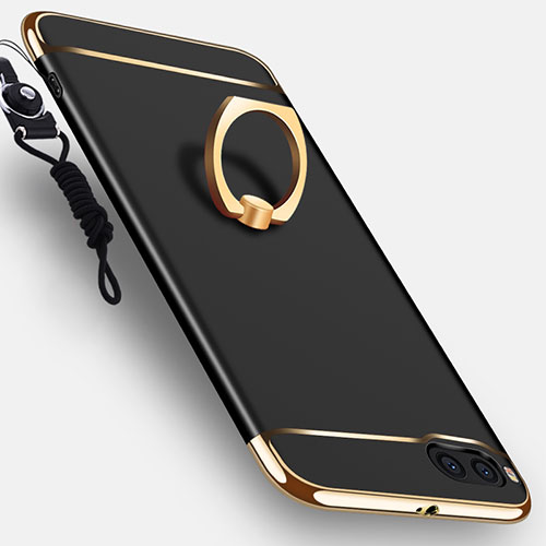 Luxury Metal Frame and Plastic Back Cover with Finger Ring Stand and Lanyard for Xiaomi Mi Note 3 Black