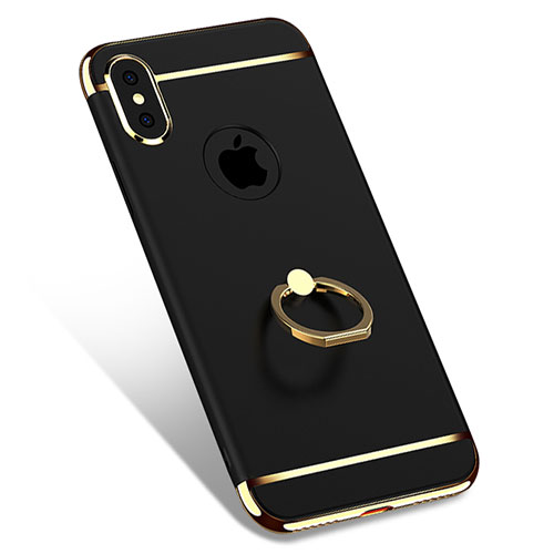 Luxury Metal Frame and Plastic Back Cover with Finger Ring Stand F02 for Apple iPhone X Black