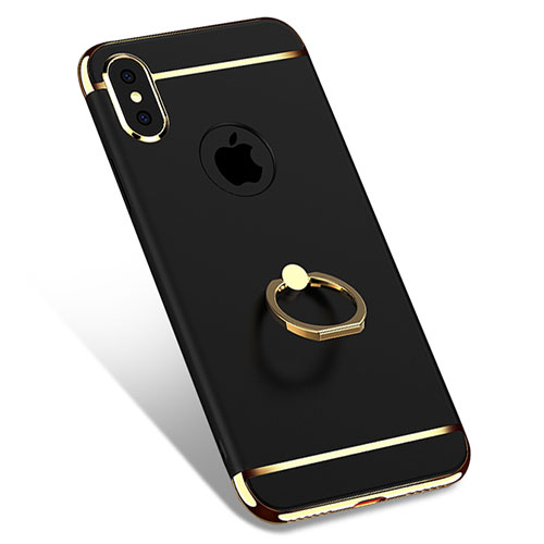 Luxury Metal Frame and Plastic Back Cover with Finger Ring Stand F02 for Apple iPhone Xs Max Black