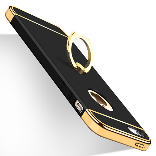 Luxury Metal Frame and Plastic Back Cover with Finger Ring Stand for Apple iPhone 5 Black