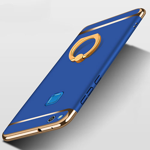 Luxury Metal Frame and Plastic Back Cover with Finger Ring Stand for Huawei GR3 (2017) Blue