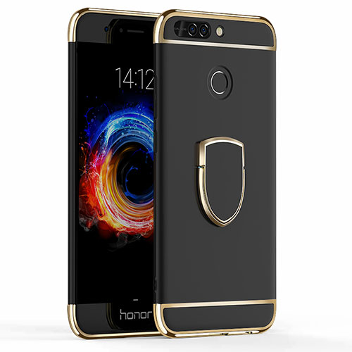 Luxury Metal Frame and Plastic Back Cover with Finger Ring Stand for Huawei Honor 8 Pro Black