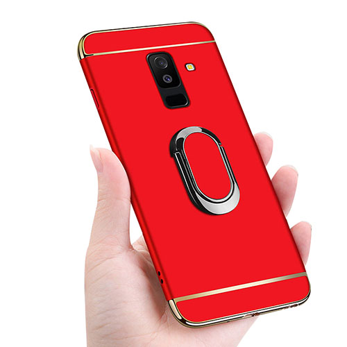 Luxury Metal Frame and Plastic Back Cover with Magnetic Finger Ring Stand for Samsung Galaxy A6 Plus (2018) Red