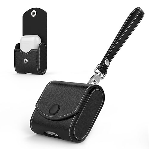 Protective Leather Case Skin for Apple Airpods Charging Box with Keychain A05 Black