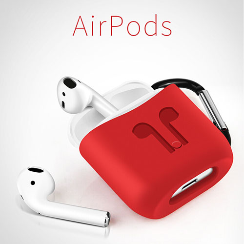Protective Silicone Case Skin for Apple Airpods Charging Box with Keychain A06 Red