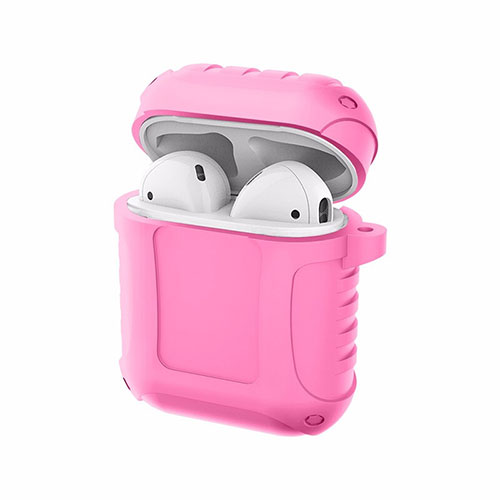 Protective Silicone Case Skin for Apple Airpods Charging Box with Keychain C06 Pink