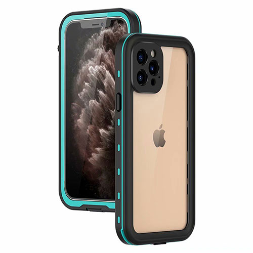 Silicone and Plastic Waterproof Cover Case 360 Degrees Underwater Shell for Apple iPhone 12 Pro Cyan