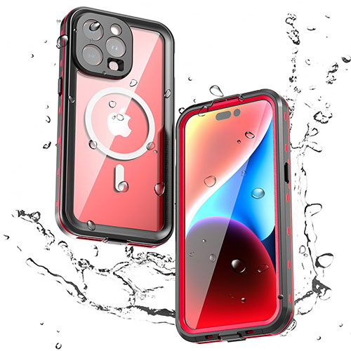 Silicone and Plastic Waterproof Cover Case 360 Degrees Underwater Shell with Mag-Safe Magnetic for Apple iPhone 13 Pro Max Red