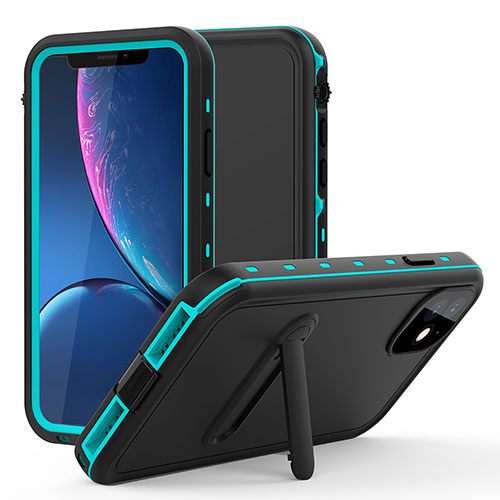 Silicone and Plastic Waterproof Cover Case 360 Degrees Underwater Shell with Stand for Apple iPhone 11 Cyan