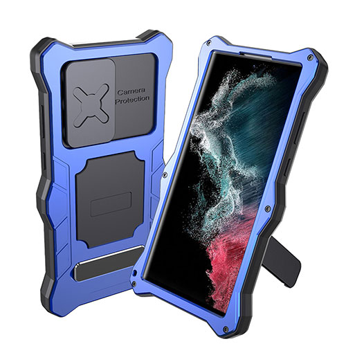 Silicone and Plastic Waterproof Cover Case 360 Degrees Underwater Shell with Stand for Samsung Galaxy S21 Ultra 5G Blue