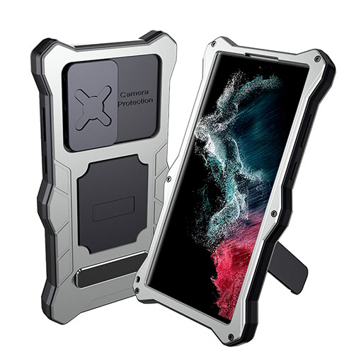 Silicone and Plastic Waterproof Cover Case 360 Degrees Underwater Shell with Stand for Samsung Galaxy S22 Ultra 5G Silver