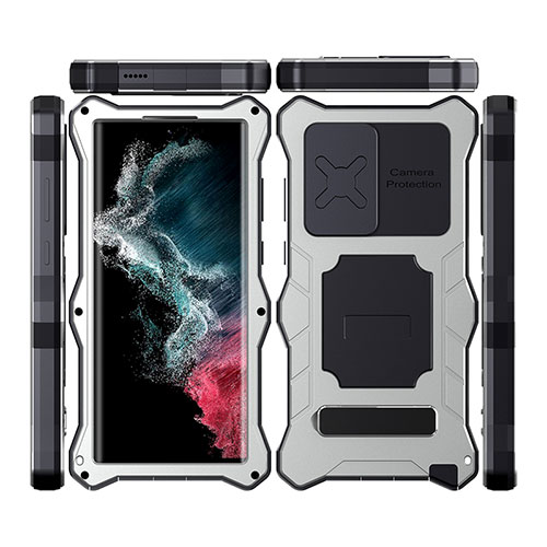 Silicone and Plastic Waterproof Cover Case 360 Degrees Underwater Shell with Stand T02 for Samsung Galaxy S21 Ultra 5G Silver