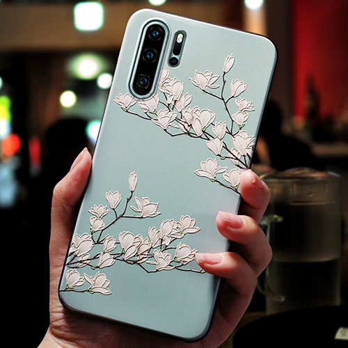 Silicone Candy Rubber Flowers Soft Case for Huawei P30 Pro Cyan